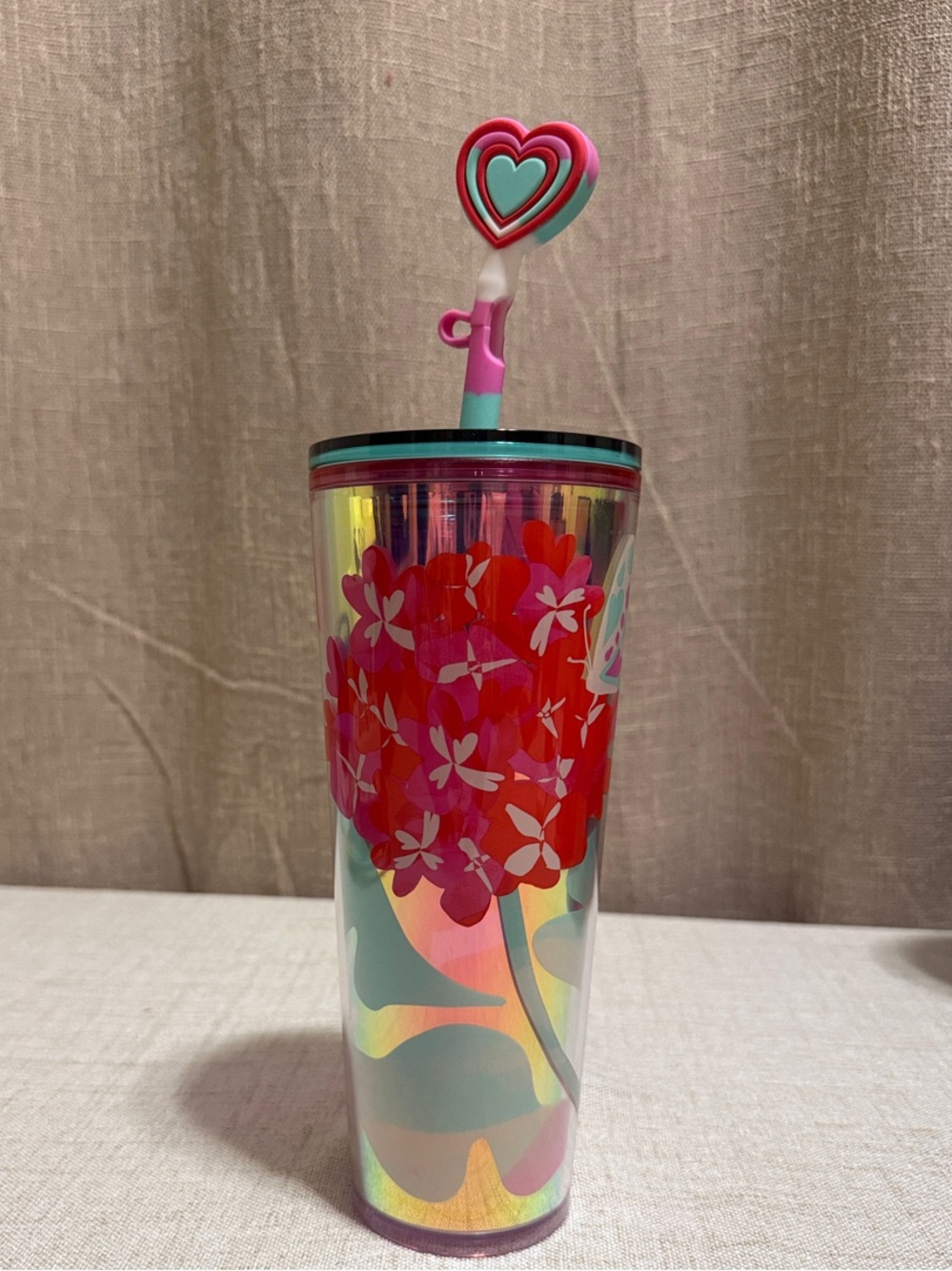 Starbucks Valentines Day Iridescent Floral Tumbler with Pink Heart Straw